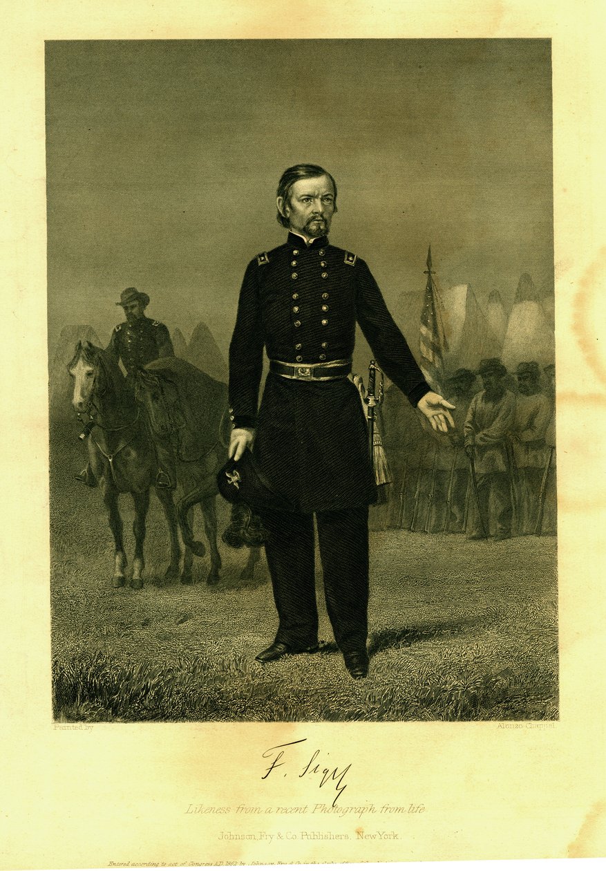 Stampa del Gen. Siegel in uniforme con una spada. Soldati con una bandiera di battaglia da Alonzo Chappel