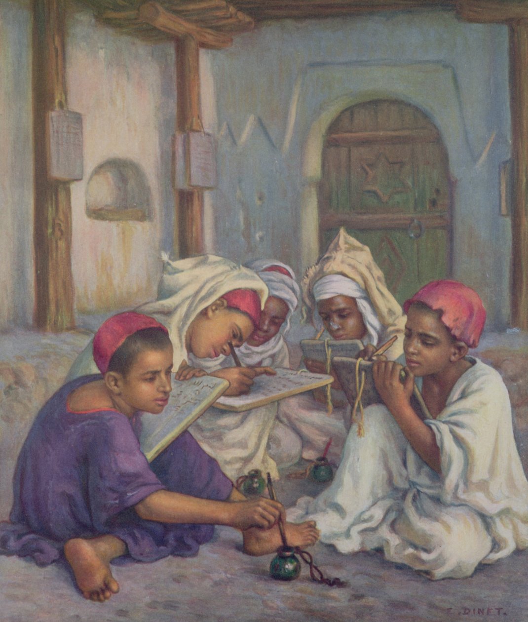 Lezione di scrittura in una scuola coranica in un villaggio algerino, 1918 da Alphonse Etienne Dinet