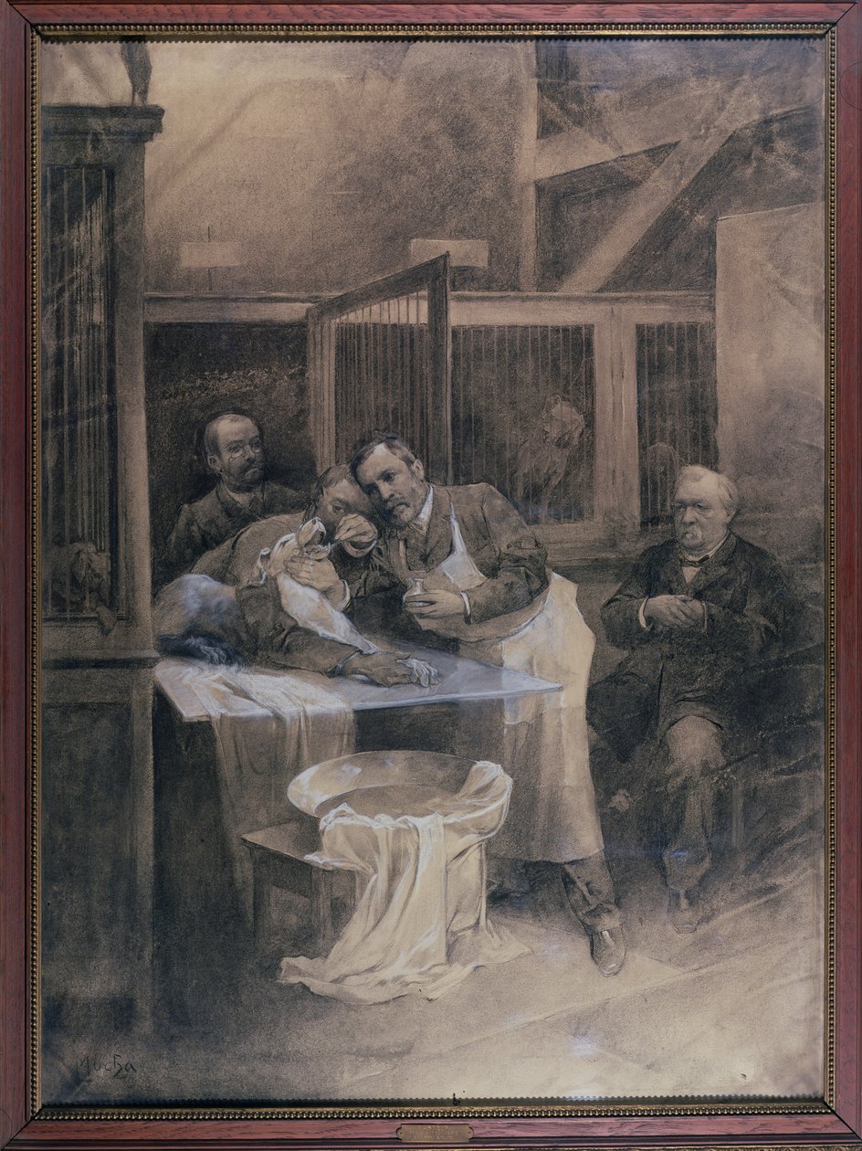 Louis Pasteur (1822-95) che prende un campione di schiuma da un cane rabbioso da Alphonse Mucha