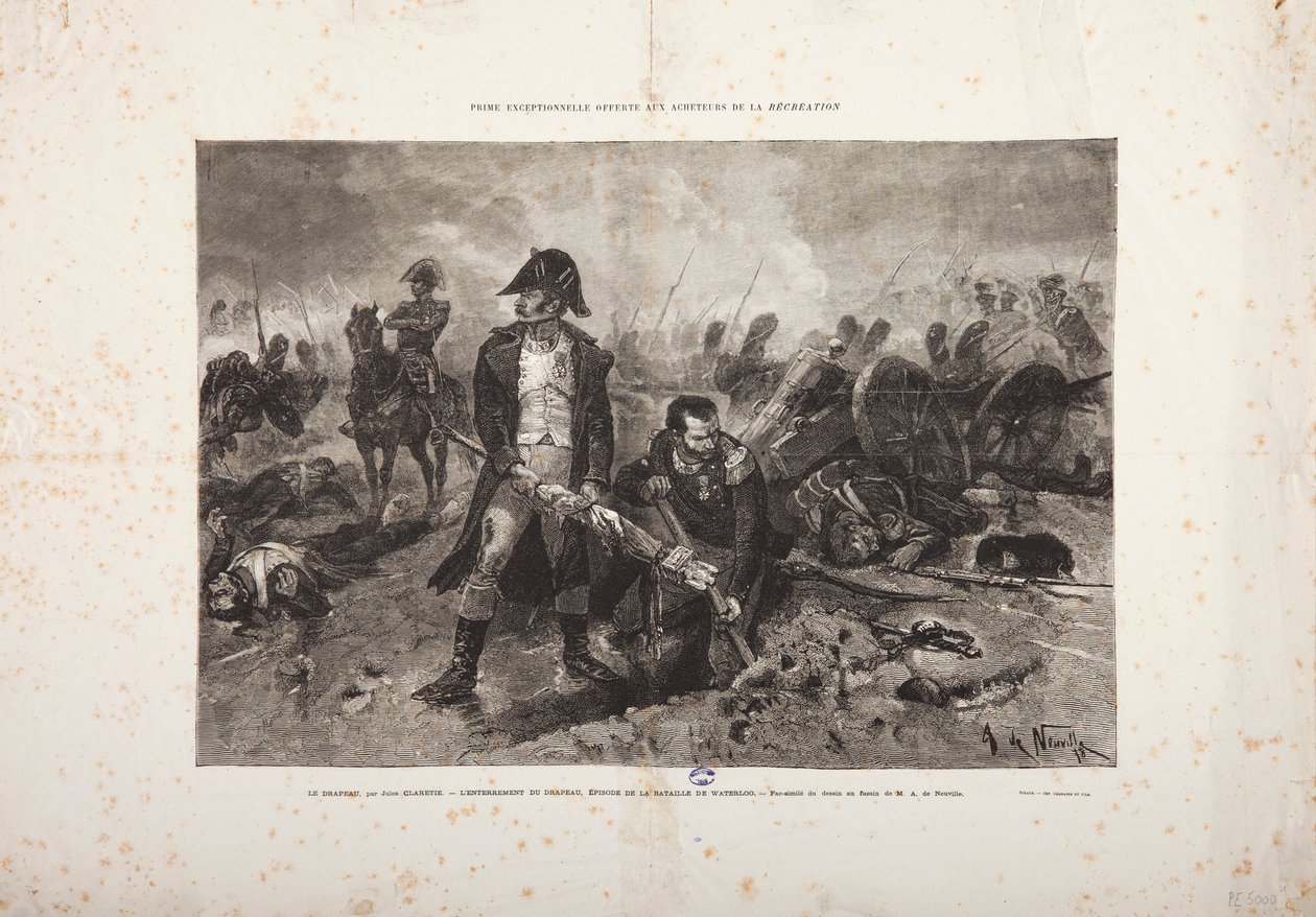 La sepoltura della bandiera, episodio della battaglia di Waterloo, inciso da Jules Claretie da Alphonse Marie de Neuville