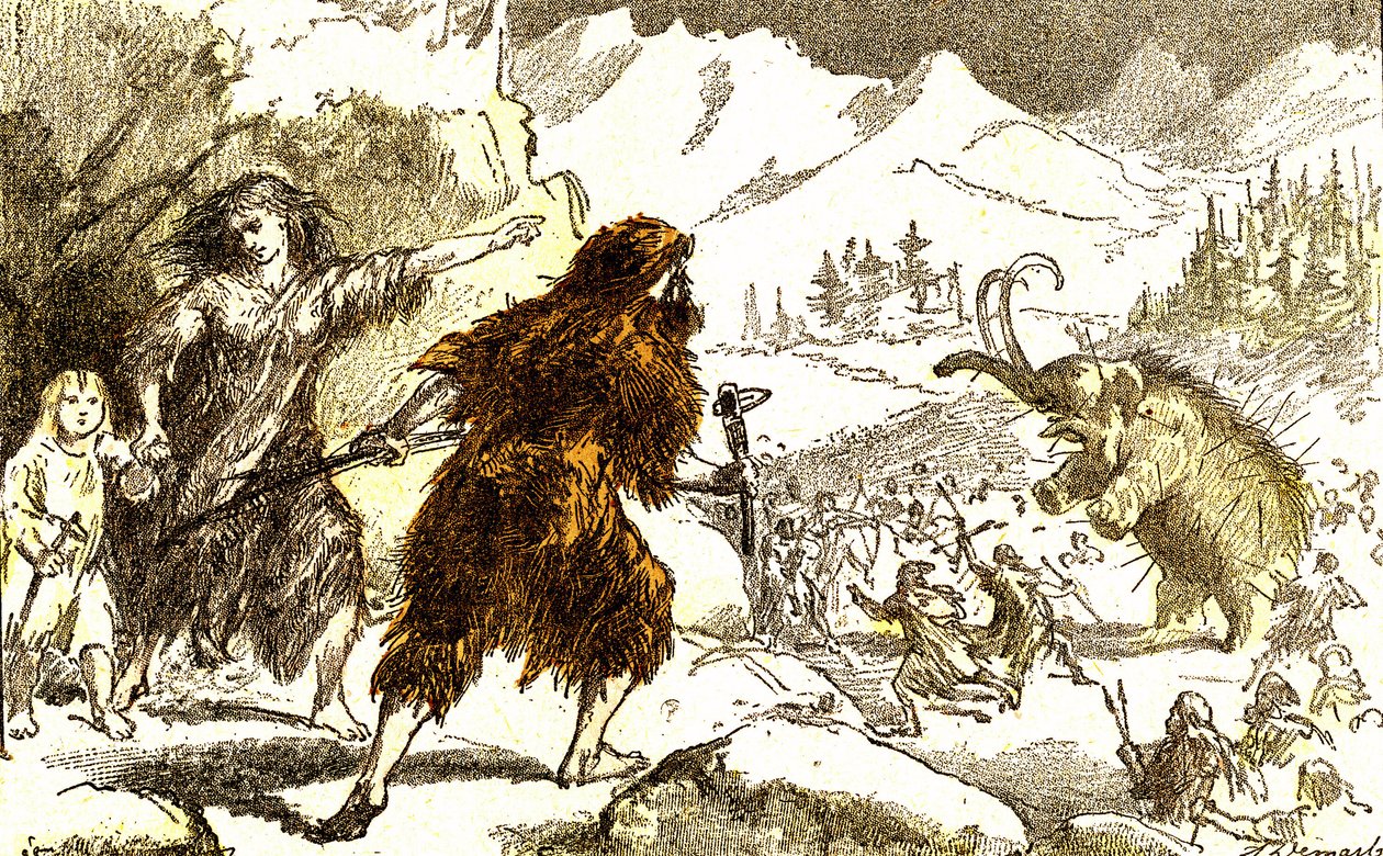 Preistoria-caccia al mammut. Periodo glaciale: Creazione naturale e esseri viventi. Disegno di A. Demarle. 1885 da Alphonse Demarle