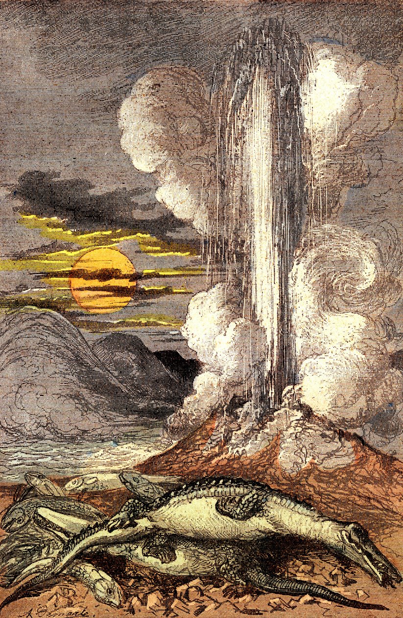 Eruzioni venose delle acque termali nel periodo Triassico. Creazione e Essere Viventi (di Jules Rengade). Disegno di A. Demarle. 1885 da Alphonse Demarle