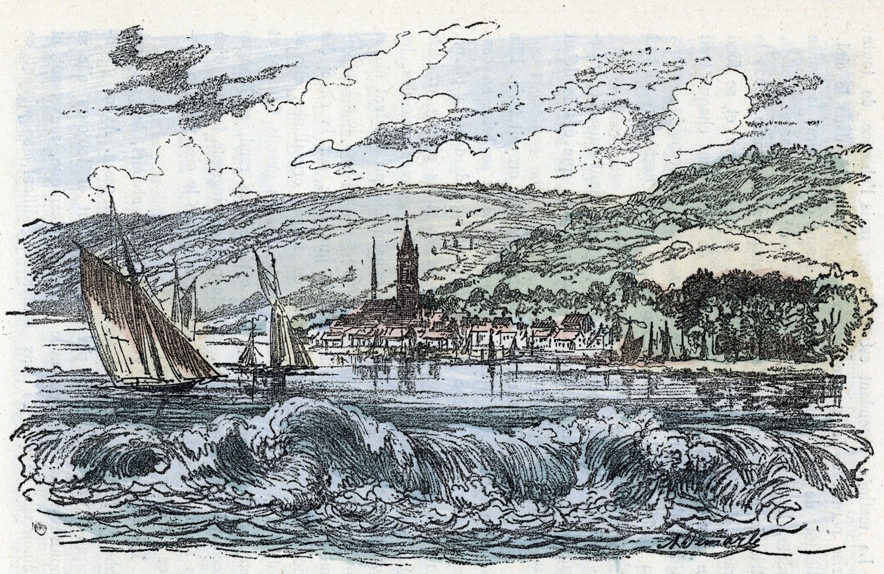 Vista del mascaret della Senna a Caudebec-en-Caux (Caudebec en Caux) nella Senna Marittima, Normandia (la marea della Senna a Caudebec en Caux, Normandia) Incisione da 