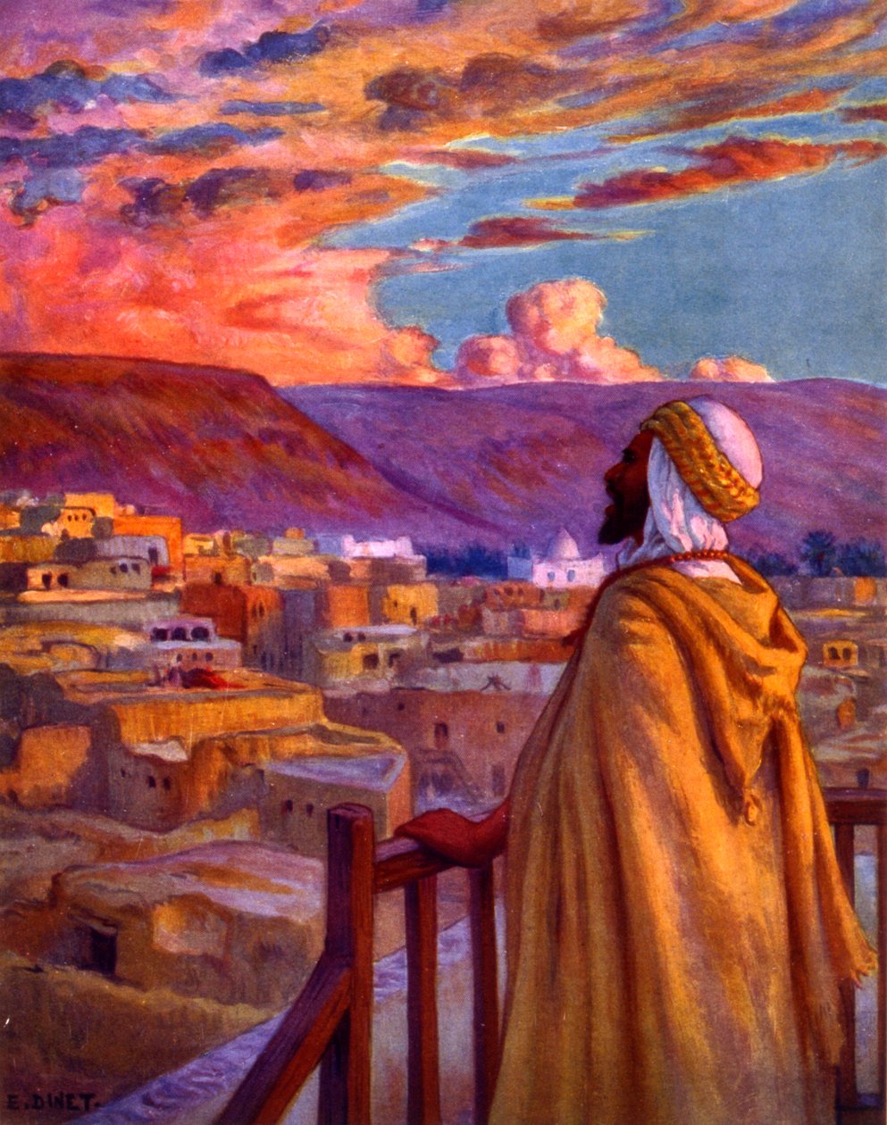 Muezzin che chiama i fedeli alla preghiera in un villaggio nel deserto da Alphonse Etienne Dinet