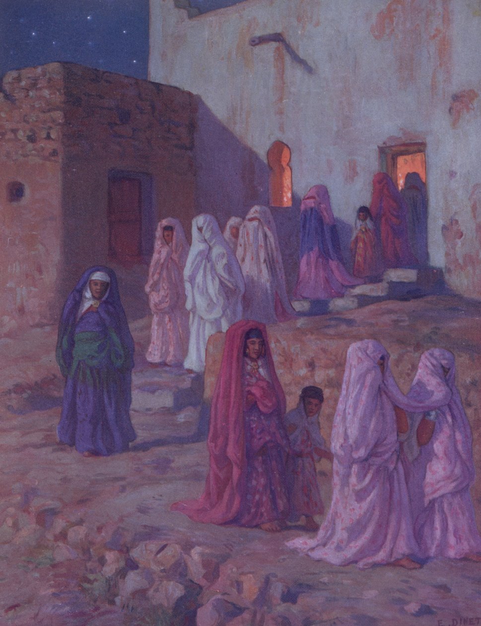 Musulmani che lasciano la moschea del villaggio alla vigilia del Mouled, illustrazione da una storia della vita del Profeta Maometto, pubblicata a Parigi nel 1918 da Alphonse Etienne Dinet