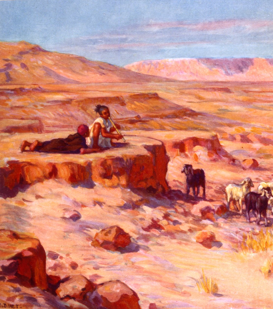 Due bambini nomadi arabi che suonano un flauto mentre guardano le capre nel deserto. di Nasreddine Dinet (Alphonse-Étienne Dinet). 1861 – 1929. un pittore orientalista francese 1918 da Alphonse Etienne Dinet