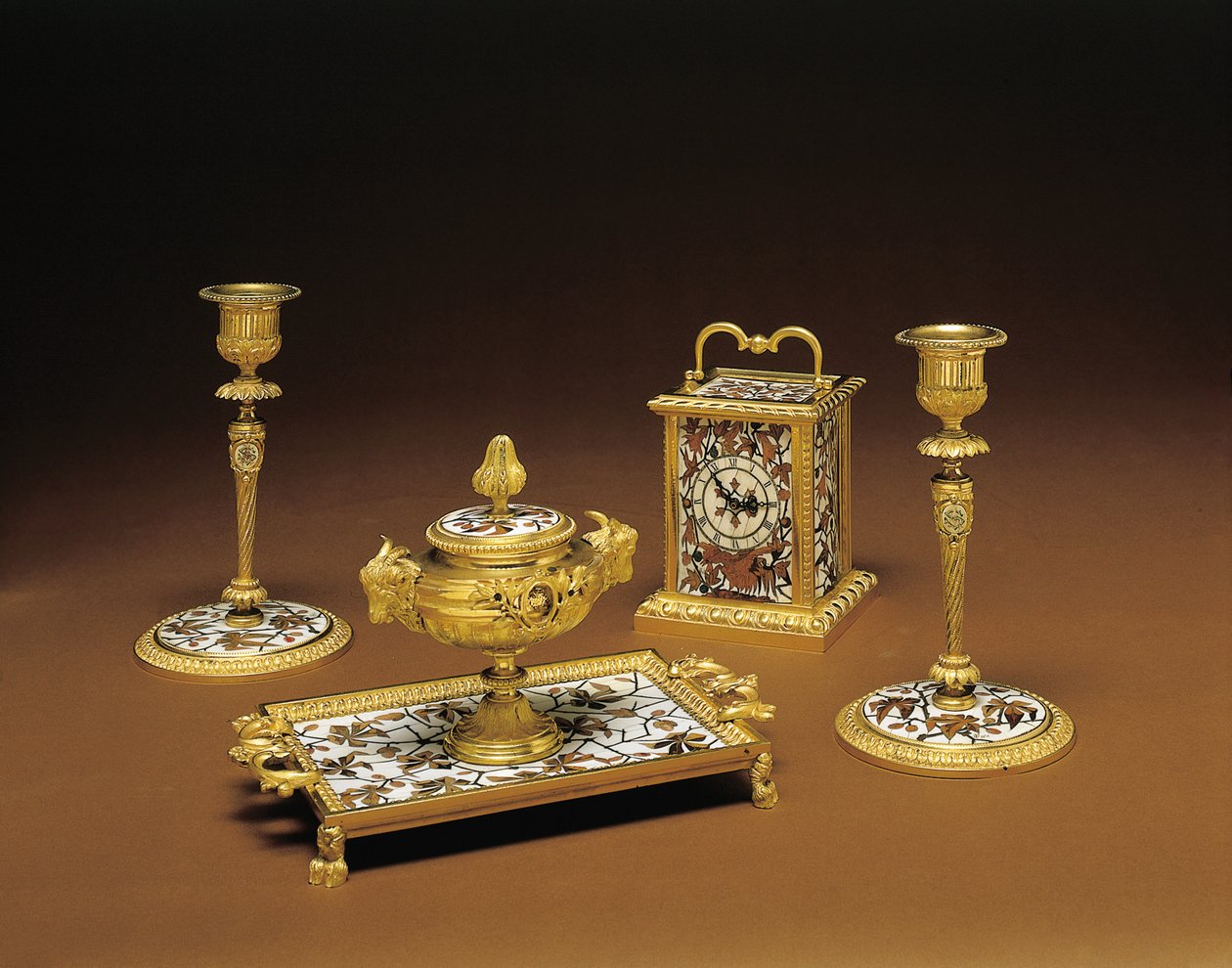 Set da scrivania in quattro pezzi di Napoleone III, intarsiato da Duvinage e Harinckouk, c.1877 da Alphonse Gustave Giroux
