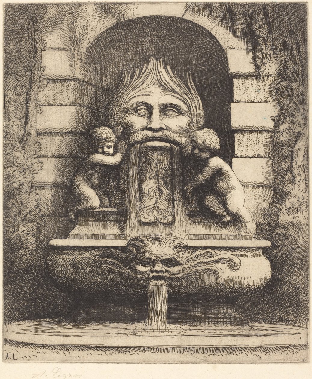 Fontana: Grottesca, Bambini e Bacino Une fountaine: Masque, enfants et bassin da Alphonse Legros