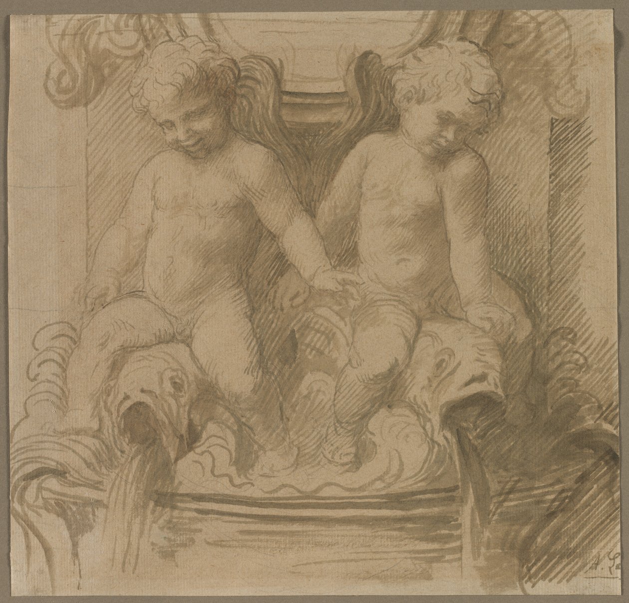 Fontana con putti che cavalcano delfini da Alphonse Legros