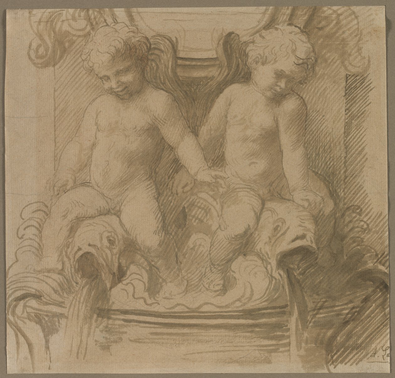 Fontana con putti che cavalcano delfini, seconda metà del 1800 da Alphonse Legros
