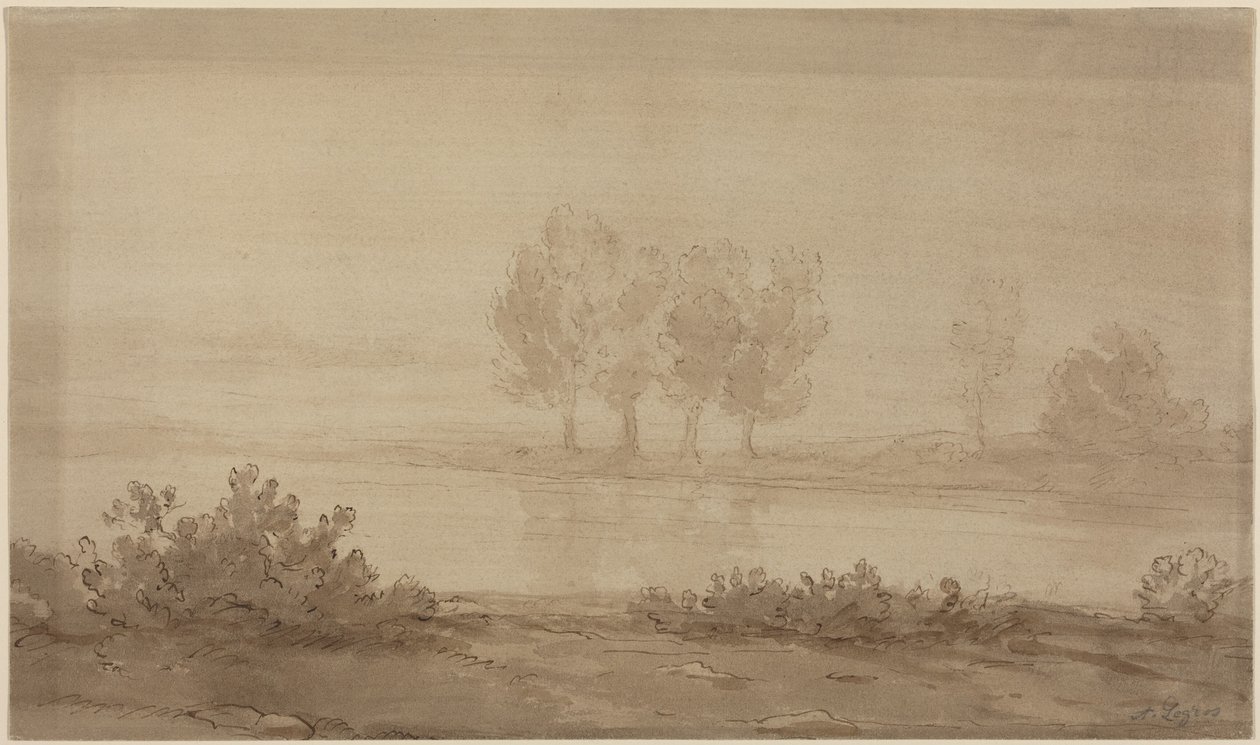 Paesaggio - quattro alberi oltre un fiume da Alphonse Legros