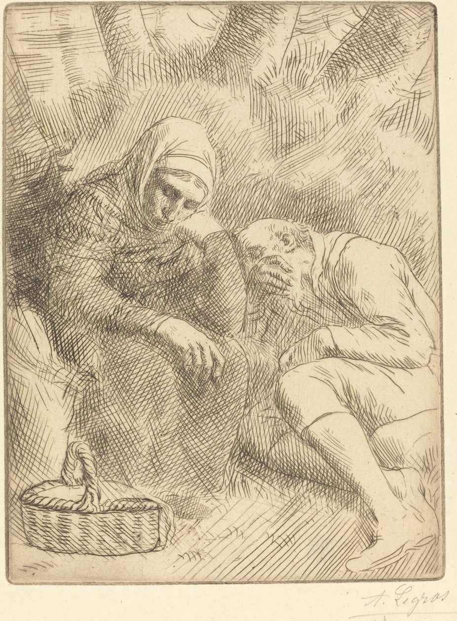 Uomo e moglie seduti lungo la strada con un cesto da Alphonse Legros