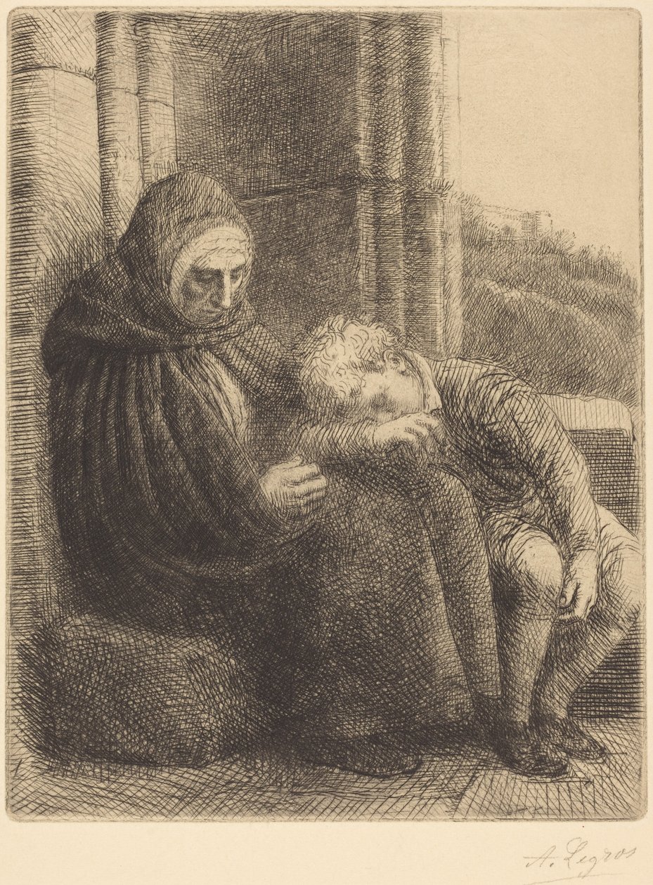 Donna seduta con una parete sullo sfondo, bambino con la testa sulle sue ginocchia (Donna seduta, con una parete sullo sfondo, bambino con la testa sulle sue ginocchia) da Alphonse Legros