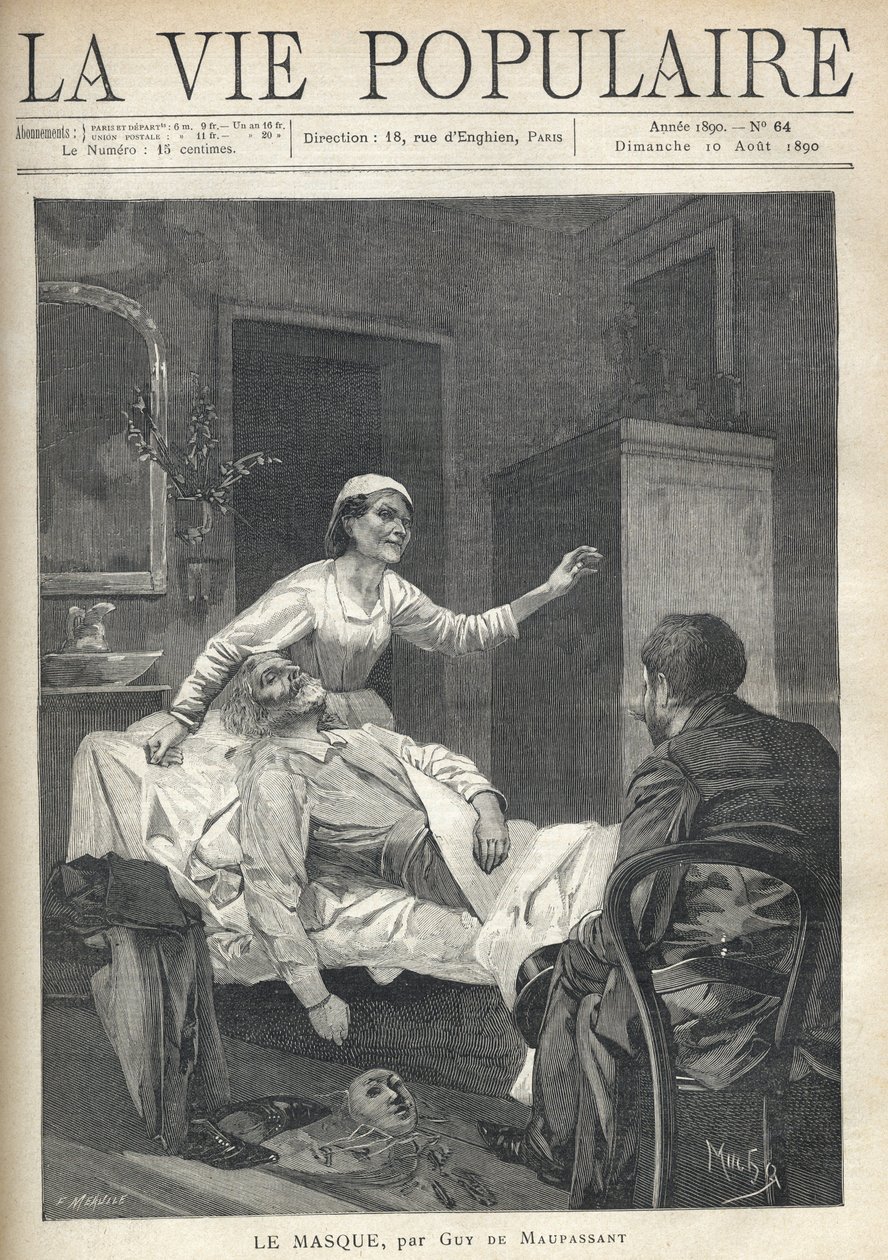 Un vecchio magro con un volto emaciato si sta stiracchiando, il suo abito, le sue scarpe e una maschera di carnevale sono trascinati vicino al suo pannolino (un lenzuolo gettato su un divano), in "La Vie Populaire" da Alphonse Mucha