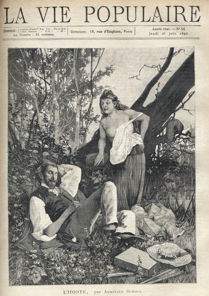 Una giovane donna, spettinata, denudata, con il petto scoperto, si china con fiducia e divertimento verso un pittore sdraiato, addormentato in mezzo alla natura, giacca, cappello, materiale e pipa sparsi sul pavimento. Illustrazione di Alfons Maria Mucha da Alphonse Mucha