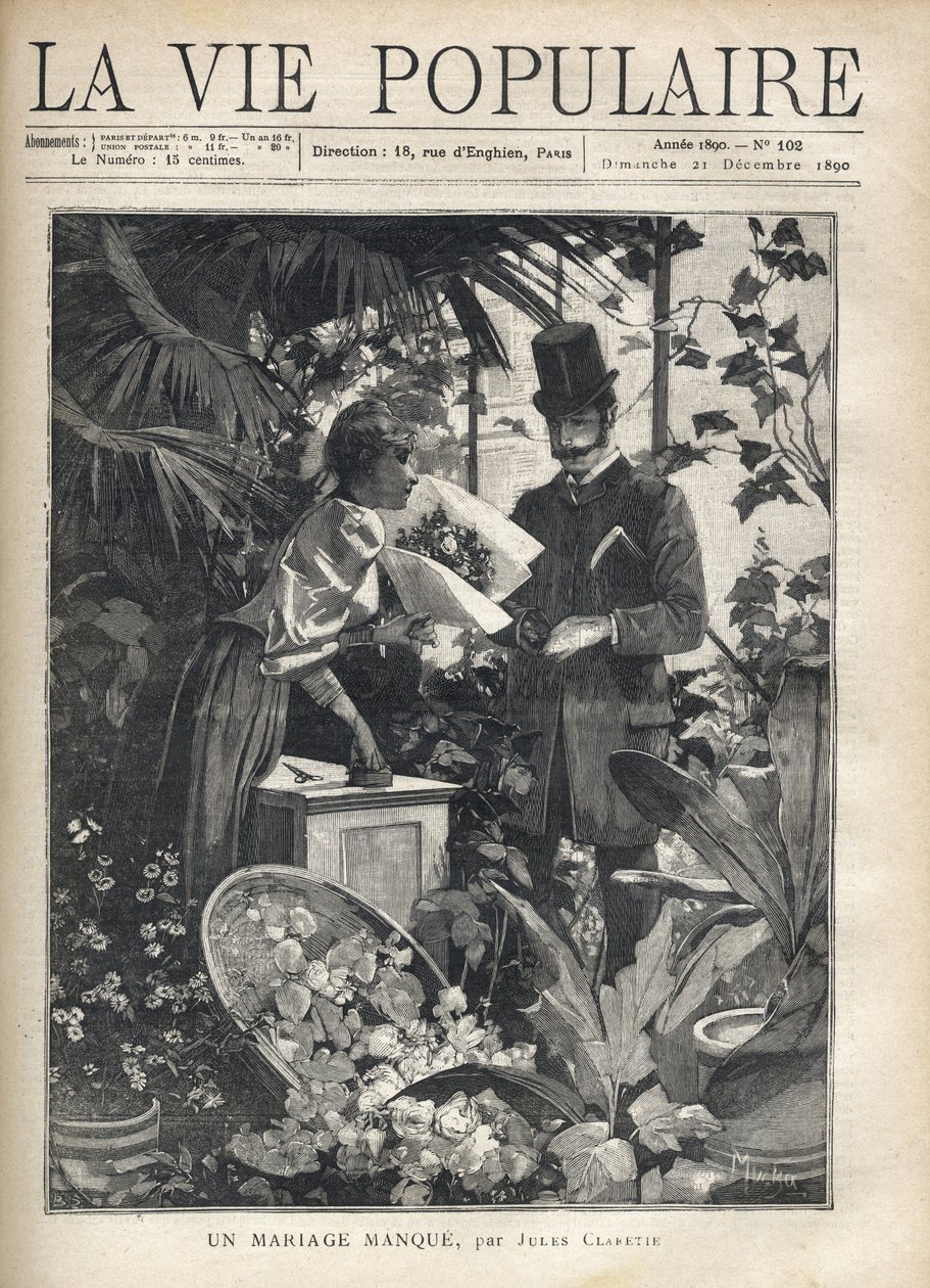 Un uomo elegante compra fiori in un negozio di fiori. Illustrazione di Alfons Maria Mucha. da Alphonse Mucha