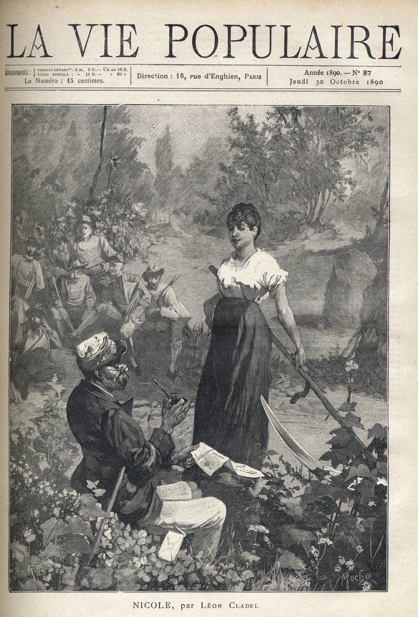 Un vecchio legge una lettera a una bella giovane contadina che tiene una falce. I cacciatori osservano la scena in lontananza. Illustrazione di Alfons Maria Mucha (Alphonse Marie Mucha) da Alphonse Mucha