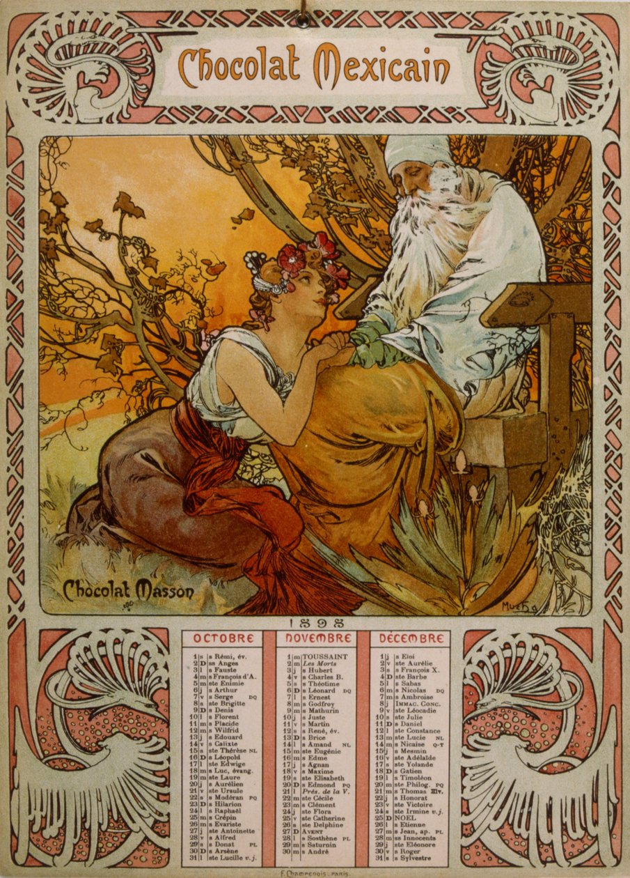 Calendario di Chocolate Masson illustrato da Mucha (1860 – 1939), un pittore ceco Art Nouveau da Alphonse Mucha
