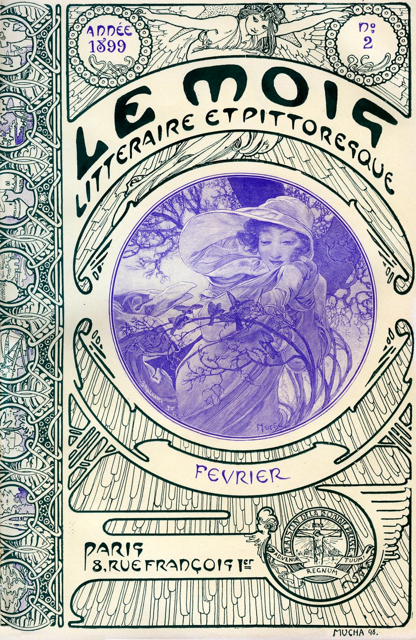 Copertina della rivista (mensile) Le Mois litteraire et picturesque di Alphonse Mucha (1860-1939): mese di febbraio 1899 - Maison de la Bonne Presse - da Alphonse Mucha