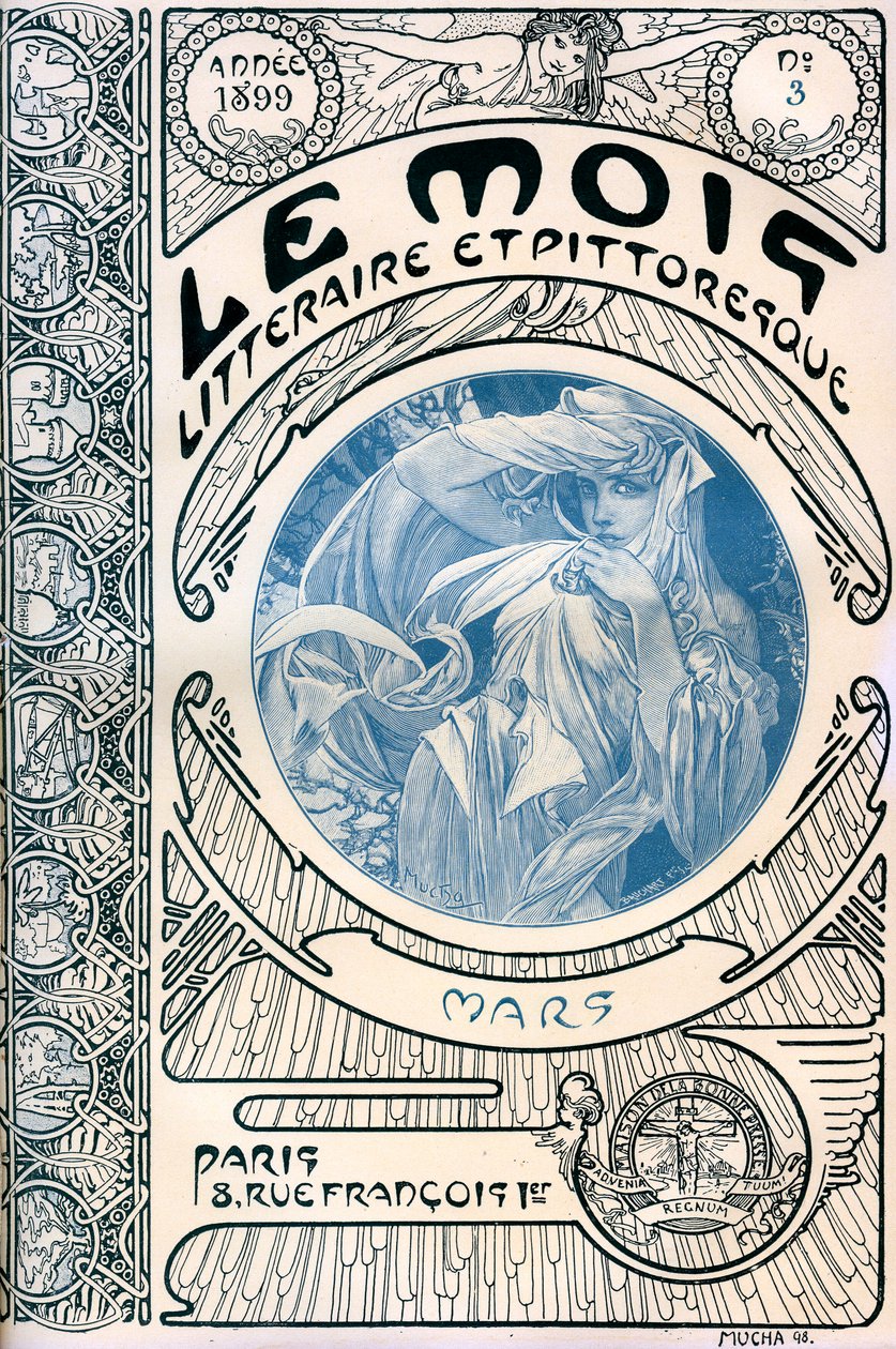 Copertina della rivista (mensile) Il Mese Letterario e Pittoresco di Alphonse Mucha (1860-1939): marzo 1899 - Maison de la Bonne Presse da Alphonse Mucha