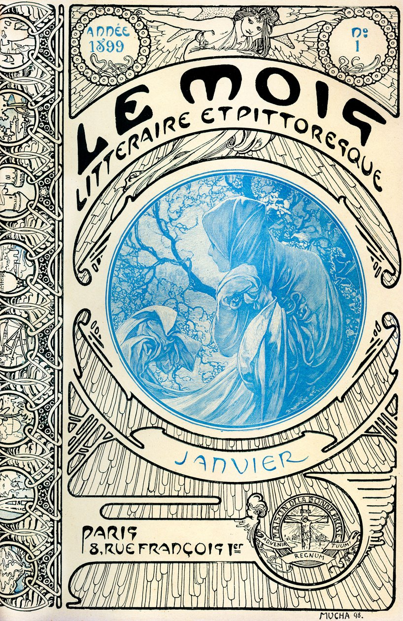 Copertina della rivista (mensile) Il Mese Letterario e Pittoresco di Alphonse Mucha (1860-1939): gennaio 1899 - Maison de la Bonne Presse da Alphonse Mucha