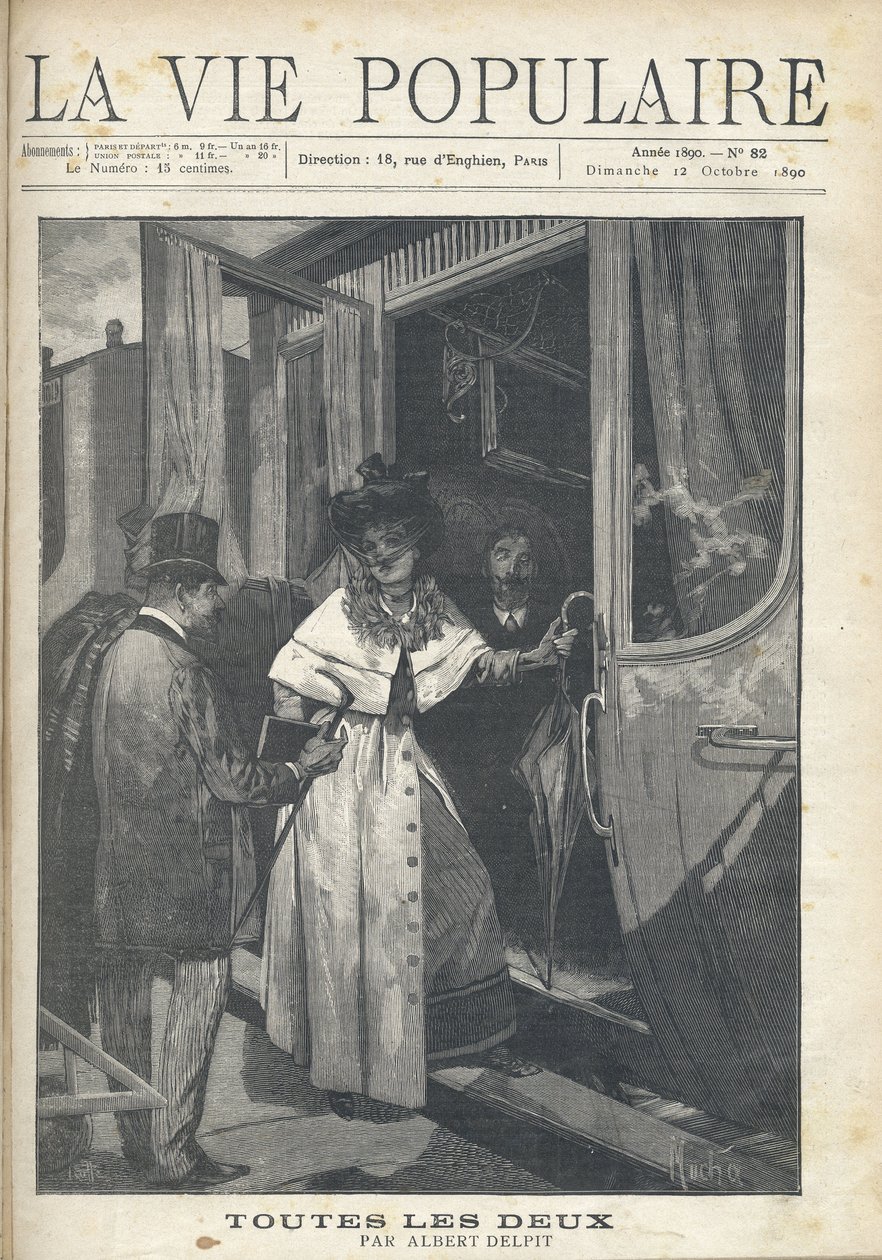 Addio tra un uomo e una donna che sale su un treno sulla banchina di una stazione. Illustrazione di Alfons Maria Mucha (Alphonse Maria Mucha) da Alphonse Mucha