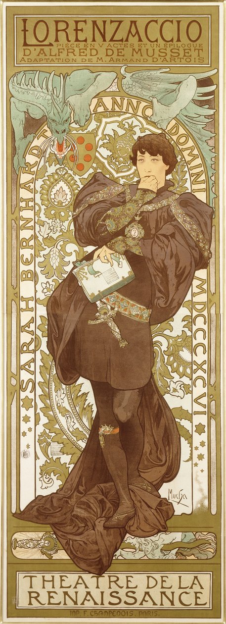 Lorenzaccio, raffigurante la figura in piedi di Sarah Bernhardt nel ruolo da Alphonse Mucha