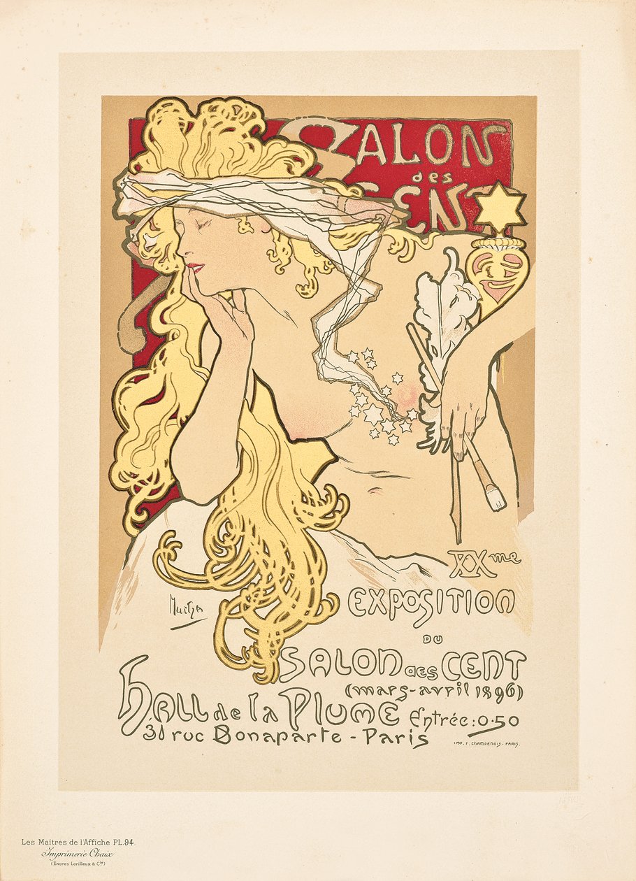 Riproduzione di un poster pubblicitario per il Salon des Cent Exposition alla Hall de la Plume da Alphonse Mucha