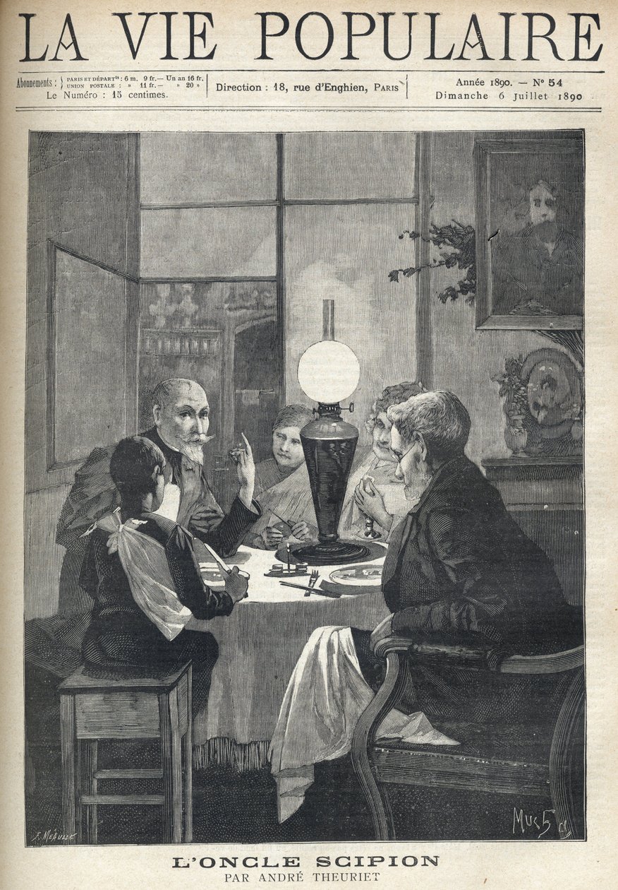 Scena di vita familiare: intorno al tavolo da pranzo, una famiglia è riunita, illuminata da una lampada a olio e ascolta attentamente uno zio in visita, con occhi brillanti e mano che segna i punti salienti della sua storia. Illustrazione di Alfons Maria M da Alphonse Mucha
