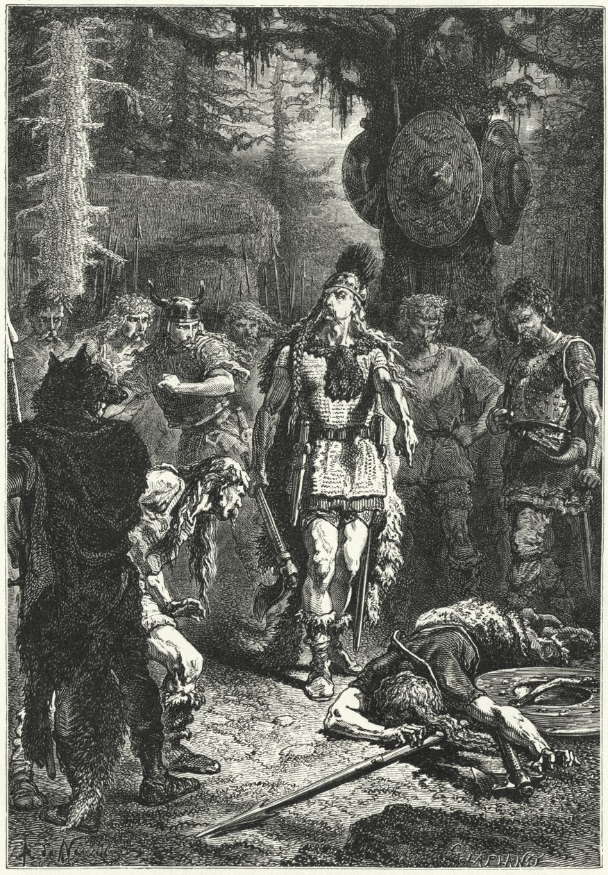 Clodoveo I uccide uno dei suoi soldati per punire la rottura del vaso di Soissons, 486 (incisione) da Alphonse Marie de (after) Neuville