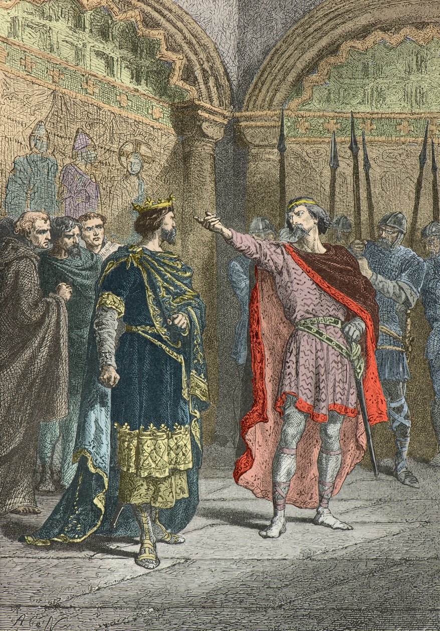 Adalbert comte de la marche sfida Hugues Capet che ti ha fatto re (Incisione) da Alphonse Marie de Neuville