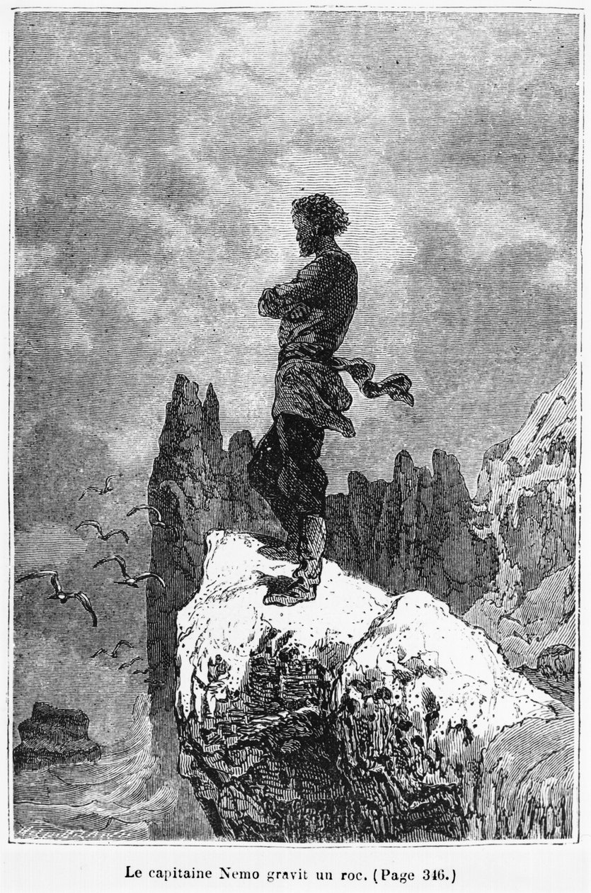 Capitano Nemo che scala una roccia, illustrazione da '20.000 leghe ...