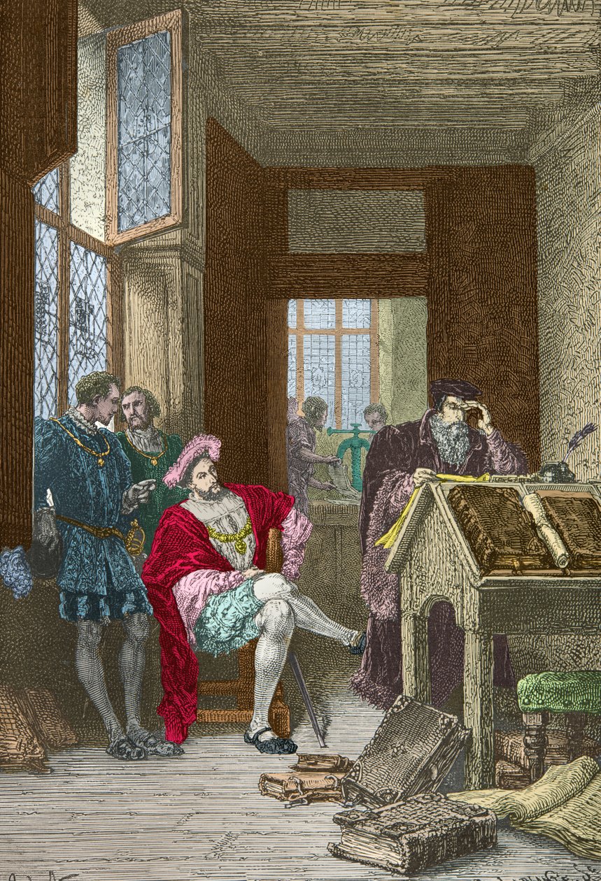 Francois 1er visita la tipografia di Robert Estienne (Incisione) da Alphonse Marie de Neuville