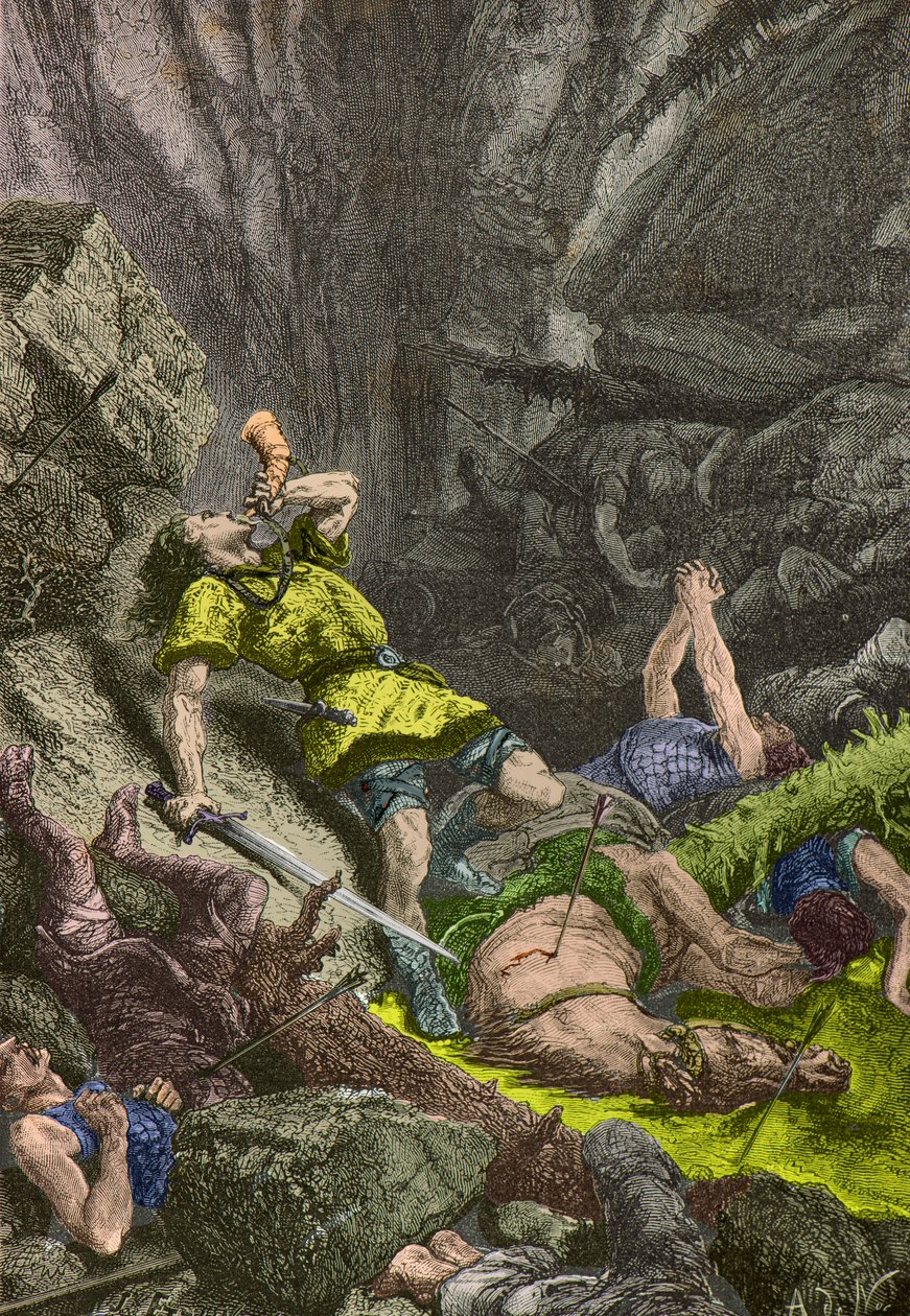 Il cavaliere Roland suona il corno a Roncisvalle nel 778 (incisione) da Alphonse Marie de Neuville