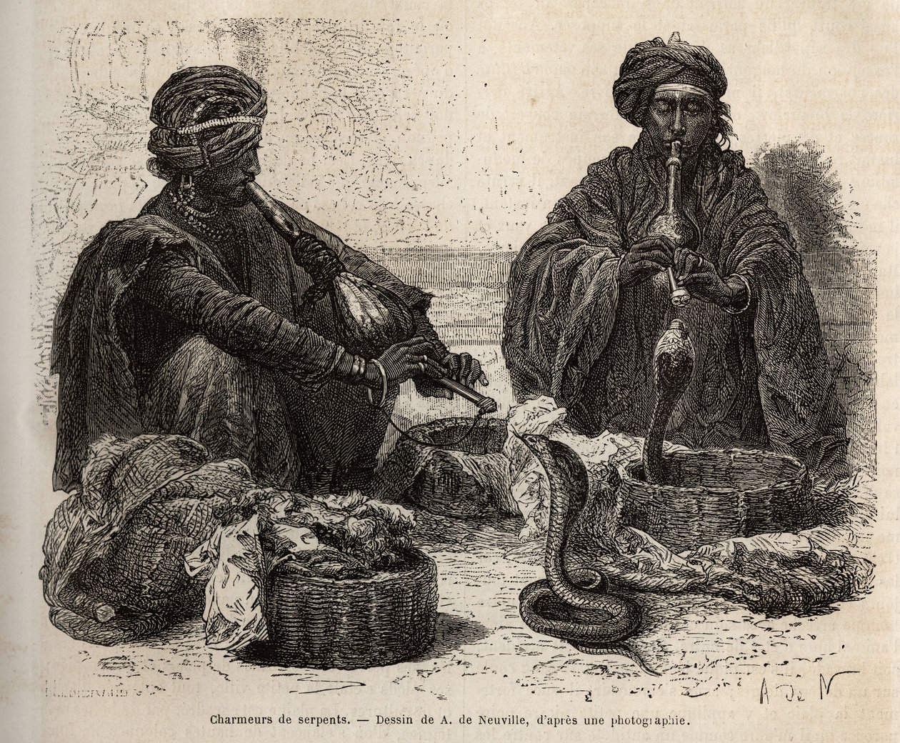 Gli incantatori di serpenti, incisione per illustrare il viaggio in India dei Rajah, 1864-1868, di Louis Rousselet da Alphonse Marie de Neuville