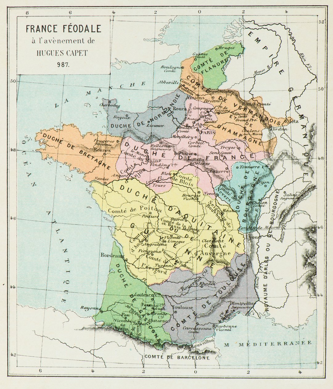 Mappa della Francia nel 987 (Incisione) da Alphonse Marie de Neuville