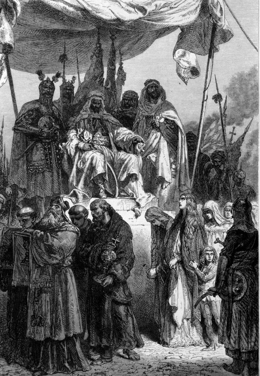 I cristiani di Gerusalemme in partenza prima di Saladino (1138-1193) (Salah al Din Yusuf al-Ayyubi (al Ayyubi) dopo la cattura della Città Santa - incisione di Neuville da Alphonse Marie de Neuville