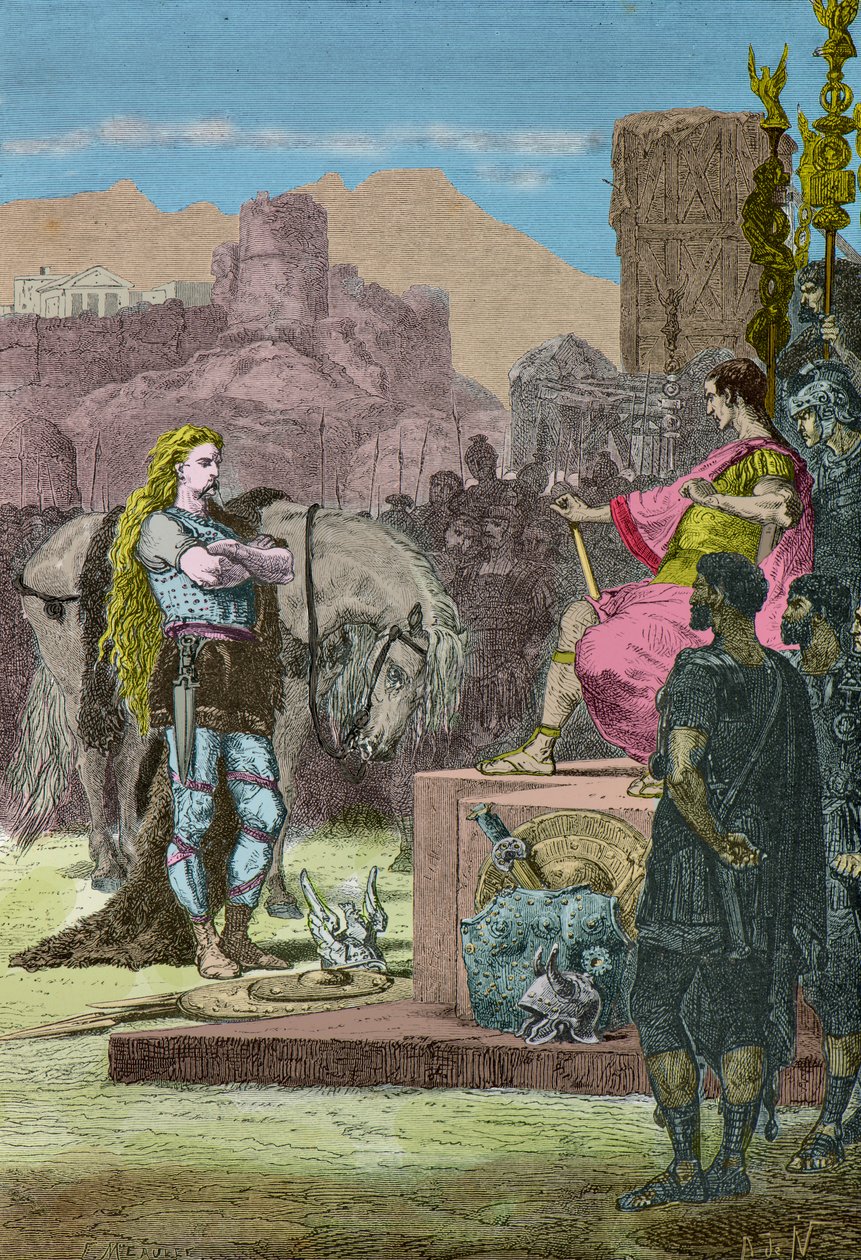 Vercingetorige che si arrende a Giulio Cesare dopo la sconfitta ad Alesia nel 52 a.C. (Incisione) da Alphonse Marie de Neuville