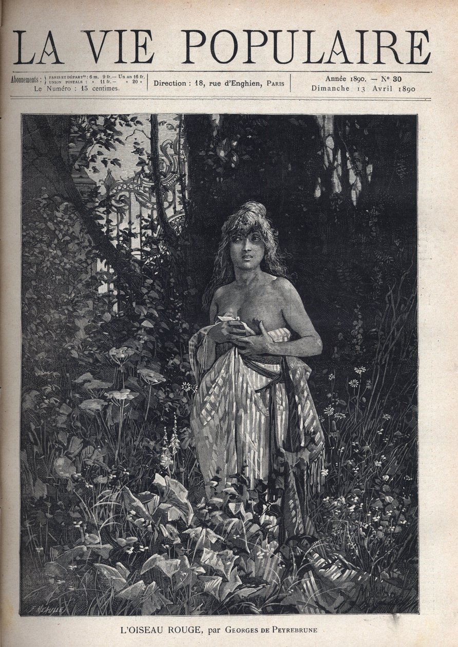 Una giovane donna nuda, in piedi e spettinata, copre il suo corpo con una coperta, circondata da vegetazione e alberi che mascherano una grata in ferro battuto - Illustrazione di Alfons Maria Mucha da Alphonse Mucha