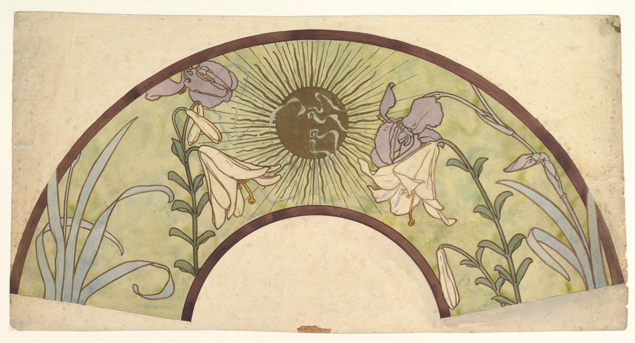 Progetto per un ventaglio con raggi di sole, gigli e iris, fine XIX - metà XX secolo da Alphonse Mucha