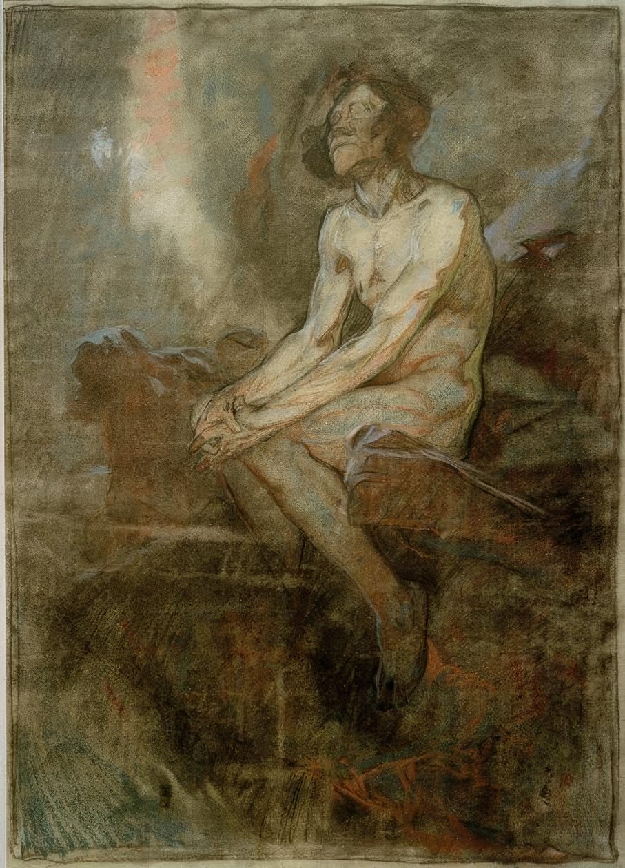 Nudo maschile seduto su una roccia da Alphonse Mucha