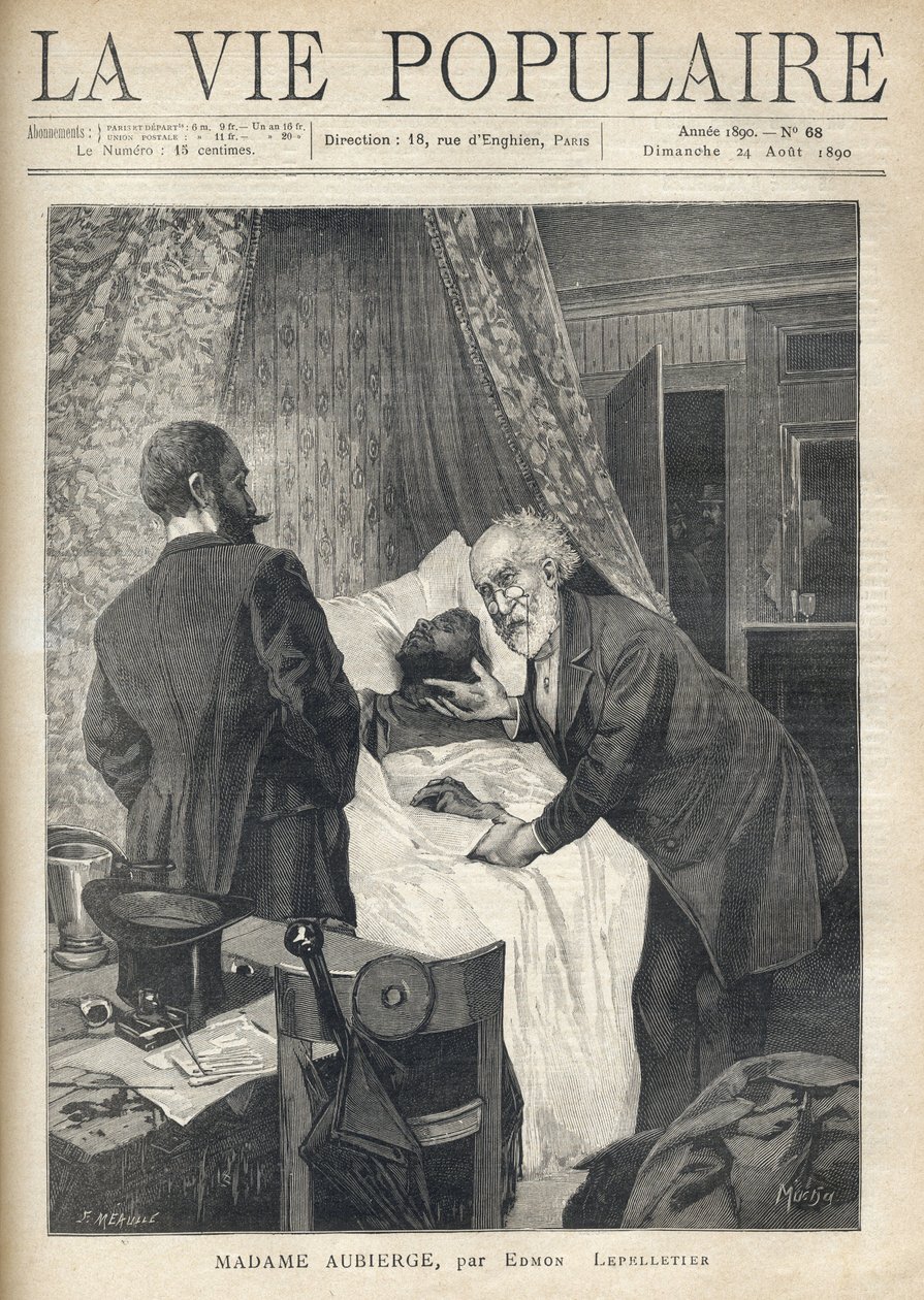 Due uomini si chinano su un letto per vedere la morte di un uomo. Alla porta, altri uomini osservano la scena. Illustrazione di Alfons Maria Mucha da Alphonse Mucha