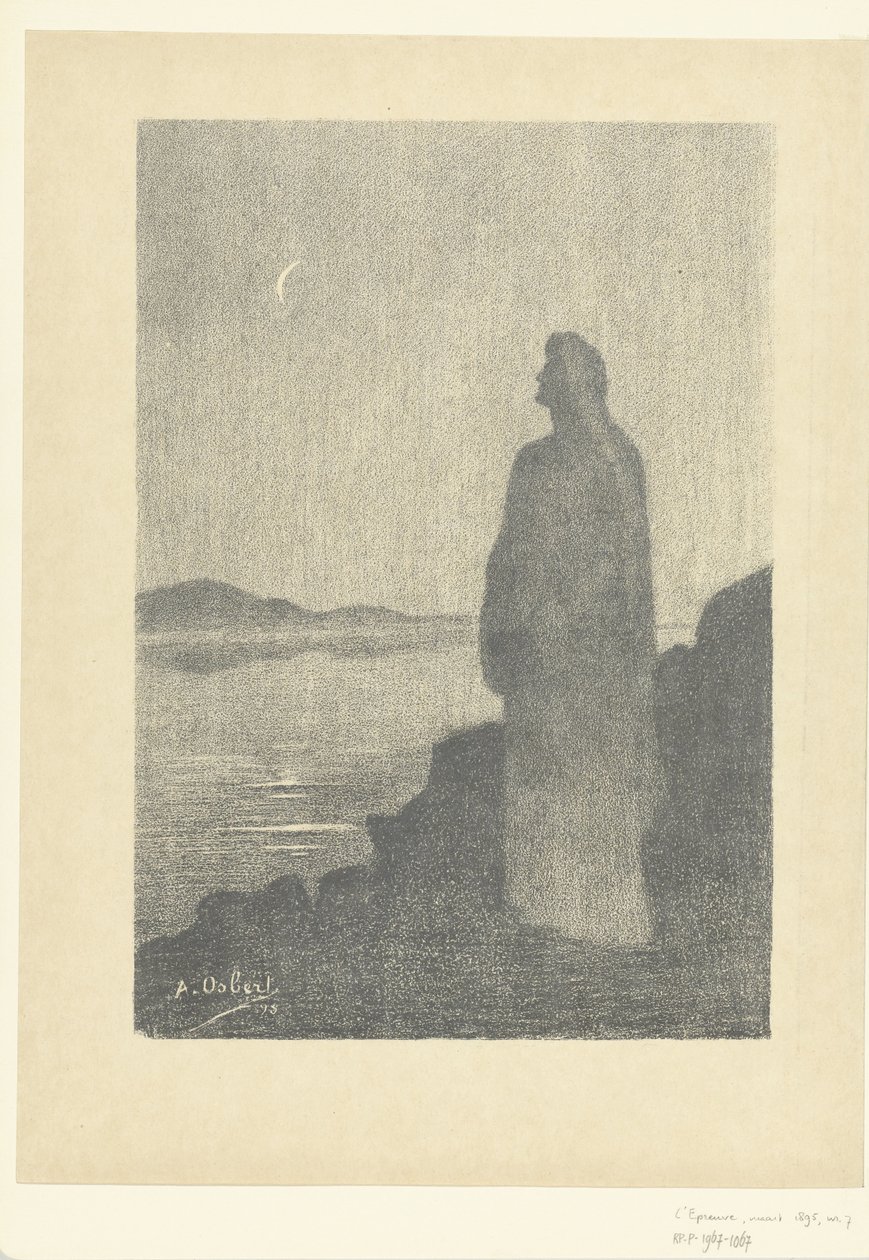 Donna in piedi sulla riva guarda la luna da Alphonse Osbert