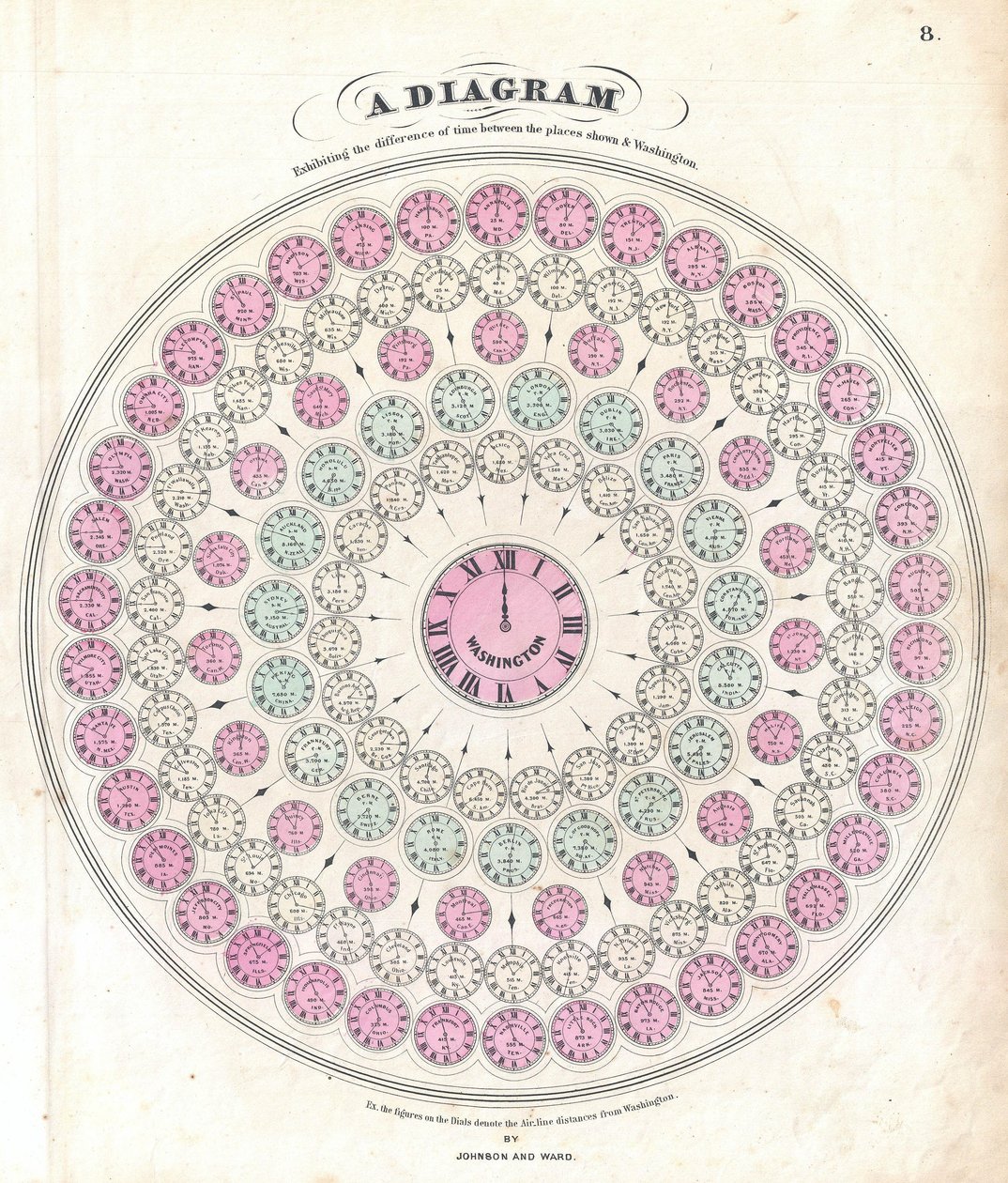Diagramma che mostra la differenza di tempo tra i luoghi mostrati e Washington da Alvin Jewett Johnson