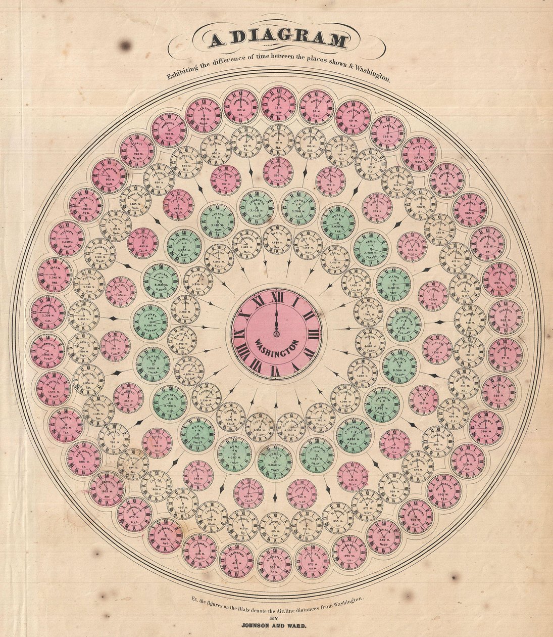 Diagramma che mostra la differenza di tempo tra i luoghi mostrati e Washington da Alvin Jewett Johnson