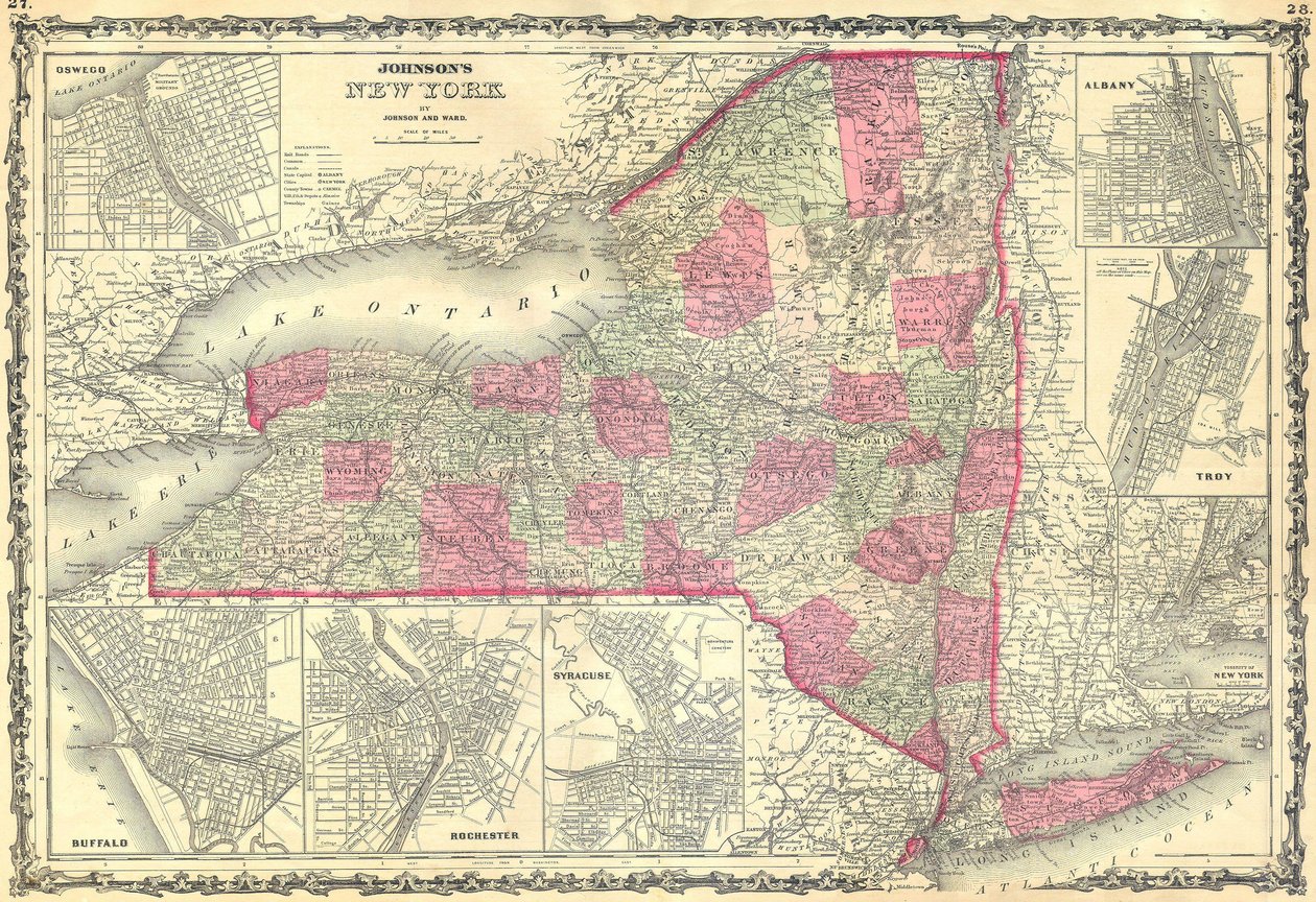 Mappa di Johnson dello Stato di New York da Alvin Jewett Johnson