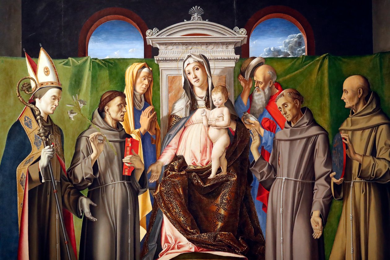 Madonna col Bambino in trono con i santi Luigi di Tolosa, Antonio di Padova, Anna, Gioacchino, Francesco e Bernardino da Siena da Alvise Vivarini