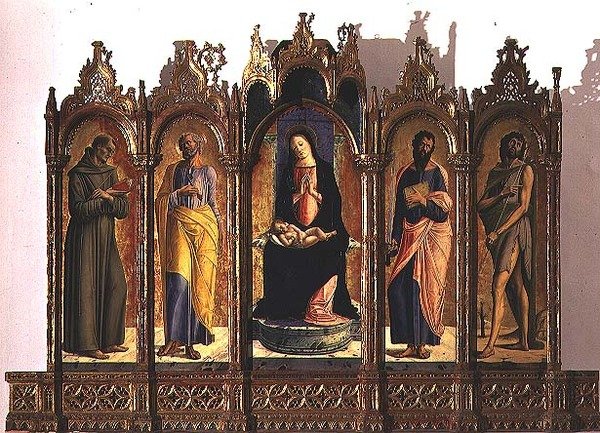 Polittico raffigurante (pannello centrale) Madonna col Bambino in trono; San Domenico e San Pietro (pannelli di sinistra); San Paolo e San Giovanni Battista (pannelli di destra) da Alvise Vivarini