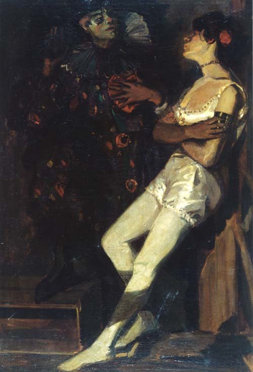 Artista in piedi e Pierrot in una stanza oscurata da Amandus Faure