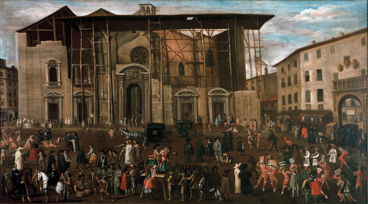 Veduta di piazza Mercanti con scene di carnevale da Amanzia Guerillot Inganni